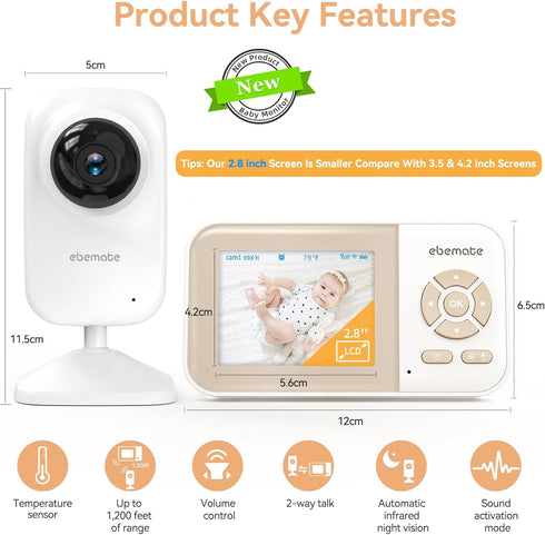 ebemate Video Baby Monitor Camera, 2-Way Talk Audio Cam Monitor with Lullabies, 2.8" LCD Screen