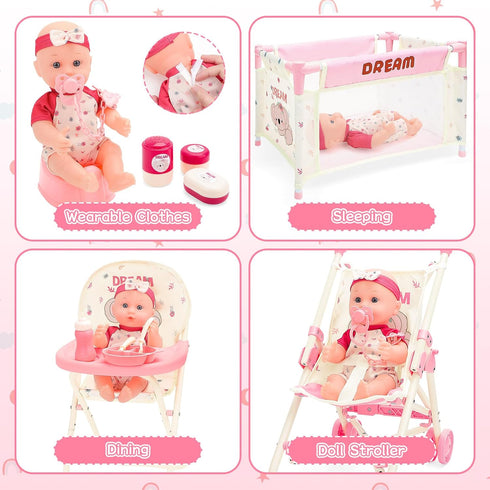 12" Set deAO Baby Doll Stroller Toys with Baby Doll Accessories Crib Bed High Chair Nursery Role Play Play Mat,Travel