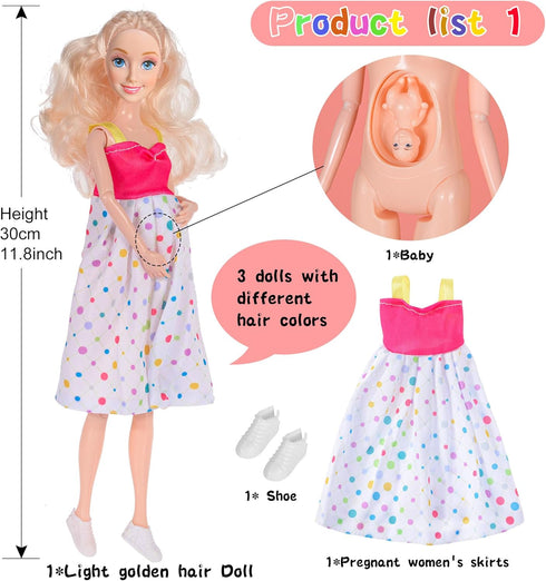 dollbie 3-Pack 11.5 inch 3 3 3 Pregnant Dolls - Fashion Dolls with Interchangeable Pregnant and Normal Bellies