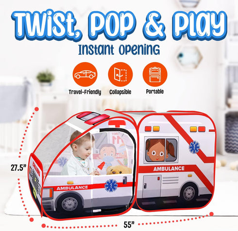 Ambulance Pop-up Play Tent for Kids with Sounds, Doctor Kit & Ball Pit, Easy Setup Indoor & Outdoor Emergency Vehicle