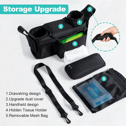 Universal Stroller Organizer with Insulated Cup Holder Detachable Phone Bag & Shoulder Strap, Bag Caddy Fits