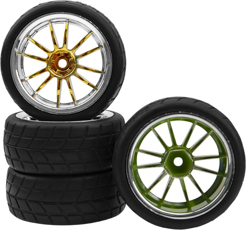 4Pcs 2.59in Rubber Tires & 12mm Hex Plastic Wheel Rims Set 14-Spoke w/Foam Compatible with Traxxas Kyosho HPI Tamiya Associated 1/10 RC On-Road Touring Car (Yellow)