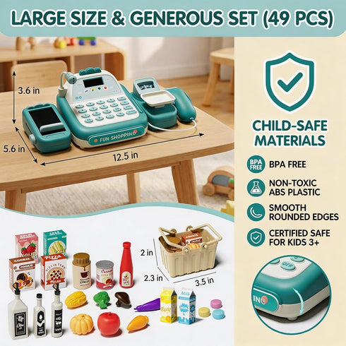 STACTCUTE 49Pcs Set Playset 3-8 Cash Register Toy for Kids, Pretend Play Grocery Store Cashier with Conveyor Belt