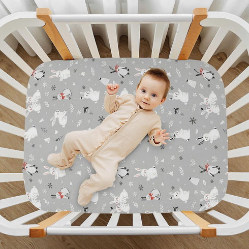 Sheet,52x28IN Pfrewn Christmas Crib Sheets for Boys Girls Cute White Bunnies Snow Fitted Crib Sheet Fits Standard Crib