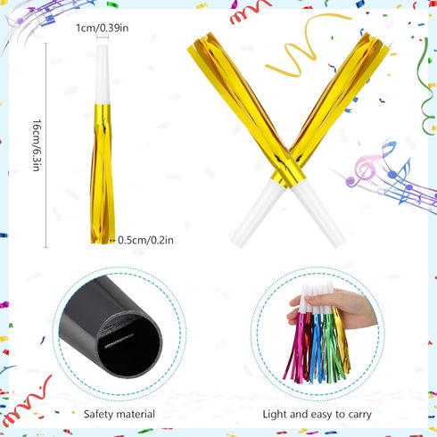 LCPQMZGH 60 Pcs Gold Noise Makers, Metallic Fringed Noise Makers for New Year Party Favor Supplies (Gold White)