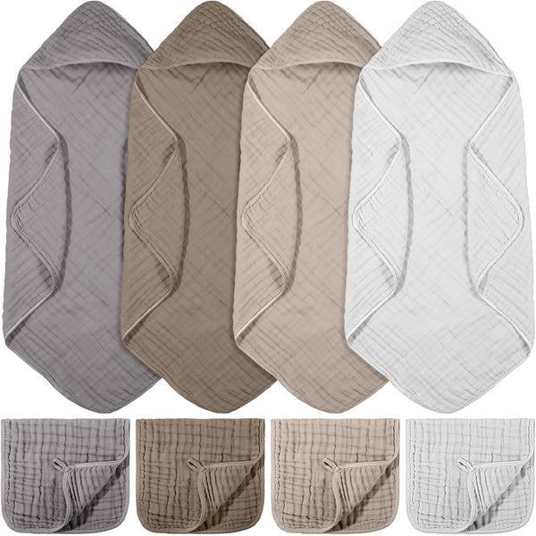 VitalCozy 8 Pcs Baby Muslin Hooded Bath Towels and Washcloths Muslin Cotton