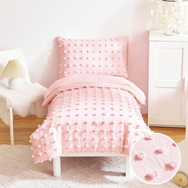 4 Pieces Tufted Dots Toddler Bedding Set Solid Pink Jacquard Pom Pom