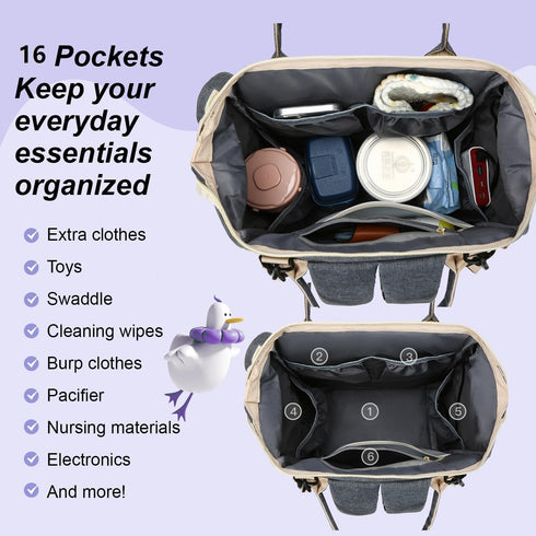 GLIXAVIA Backpack 16 Backpack Diaper Bag with Changing Pad Large Capacity, Pockets, USB Port, Waterproof Travel for Mom