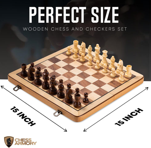 Chess Armory Premium Wooden Checkers and Chess Set - Portable Wood Case with Secure Storage for Kids and Adults (Beech