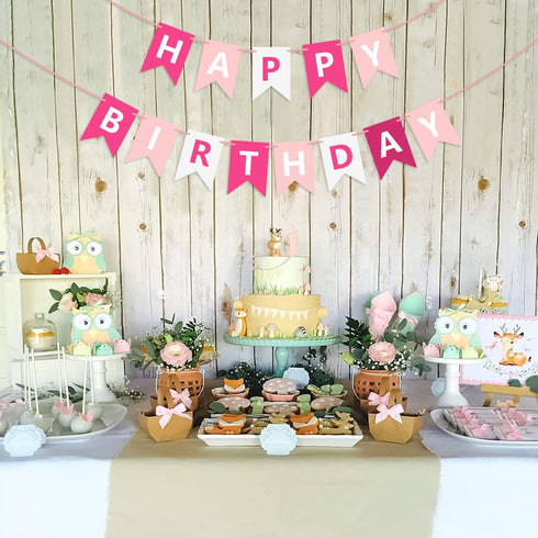 Pink Happy Birthday Banner Sign, Bunting Garland for Kids Girls Baby 1st Birthday Party Decorations