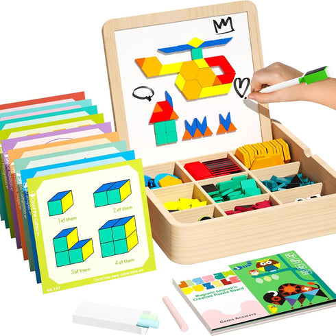 Wooden Magnetic Pattern Block Set with Cards & Pen, 248 Pcs Montessori