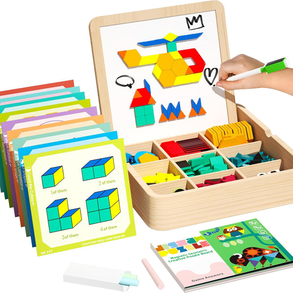 Wooden Magnetic Pattern Block Set with Cards & Pen, 248 Pcs Montessori