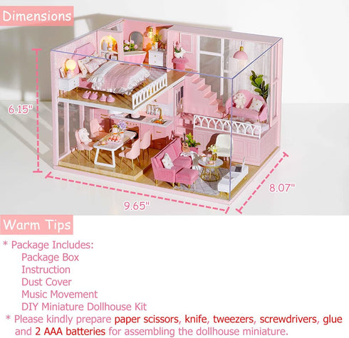 TuKIIE DIY Miniature Dollhouse Kit with Furniture, 1:24 Scale Wooden Doll House Accessories, Dust Proof & Music Movement