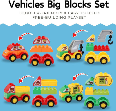 70 Set, 12Pcs Liberty Imports Pcs Toddlers Car Big Building Blocks Different Vehicles, Kids Build Your Own Toy Cars