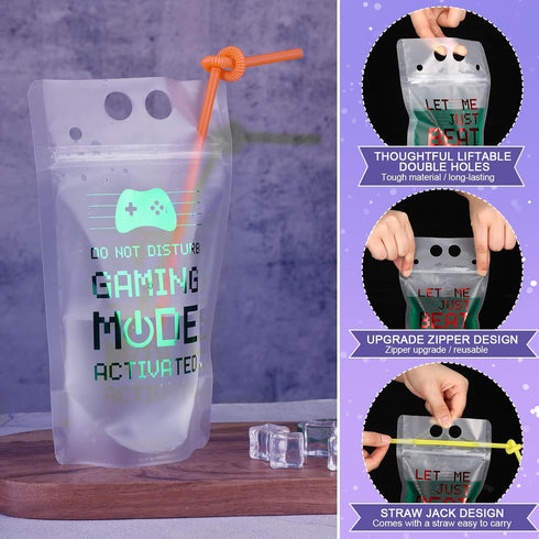 Video Game Party Favors Drink Pouch Cups with Straws, Reusable Clear Zipper Bags for Birthday Party Decor