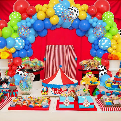 Amandir 152Pcs Balloon Arch Garland Kit, Blue Red Yellow Cow Cloud Pattern Latex Balloons for Kids Birthday Baby Shower
