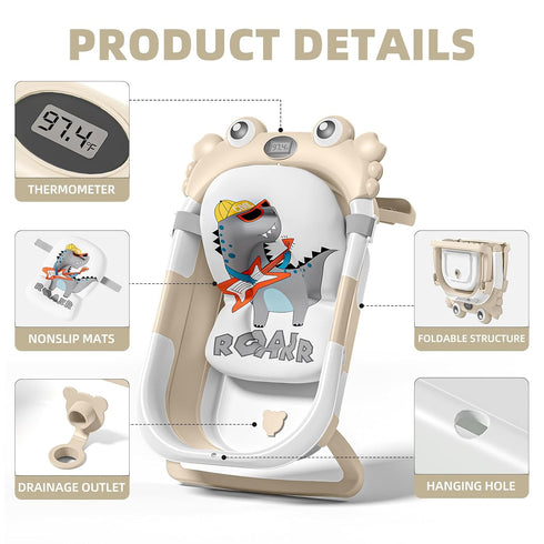 WyfKyd Set 0-36 Collapsible Baby Bathtub for Infants to Toddler with Real-time Temp Monitor+Floating Cushion,Foldable