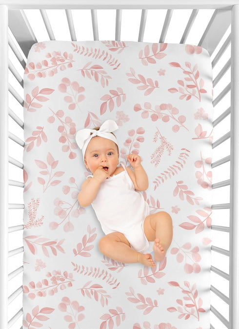 Set 2p Sweet Jojo Designs Blush Pink and White Boho Floral Leaf Girl Baby Fitted Crib Sheet Infant Newborn Nursery