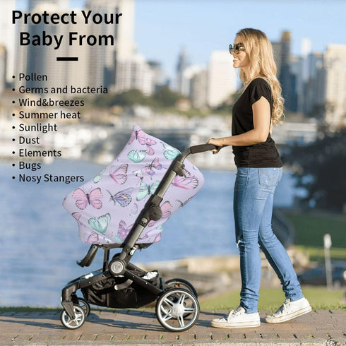 Schgap Purple Butterflies Car Seat Cover Canopy for Babies, Nursing Cover Breastfeeding Baby Carrier Cover Stroller