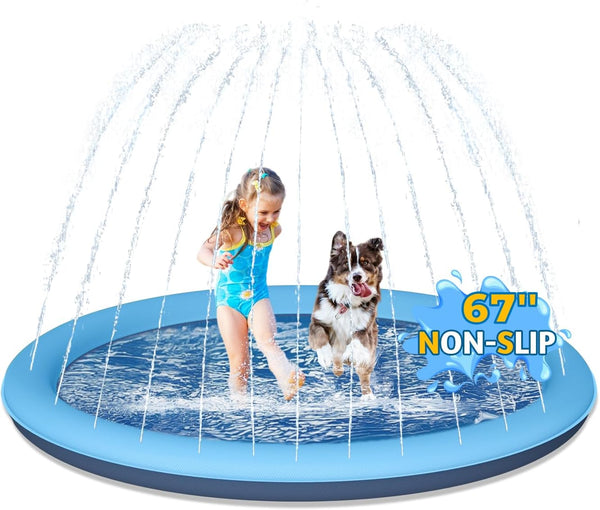 BoucyBudy 67" Dog Splash Pad, Heavy Duty Non-Slip Sprinkler Play Mat, Summer Outdoor