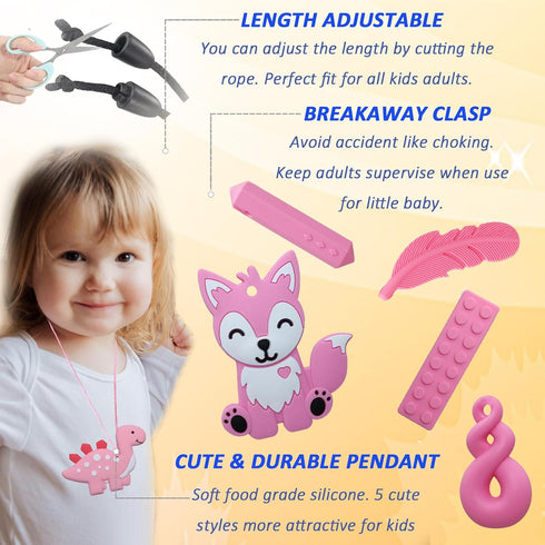 Chew Necklaces for Sensory Kids, 6 Pack Fox and Dinosaur Silicone Chewy Necklace for Autism, ADHD, Fidgeting