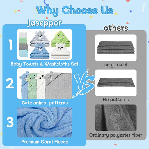 Jaseppor 14 Set, 4 10 PCS Baby Bath Towels PCS Animal Hooded Baby Towels & PCS Washcloths, Ultra Soft & Absorbent