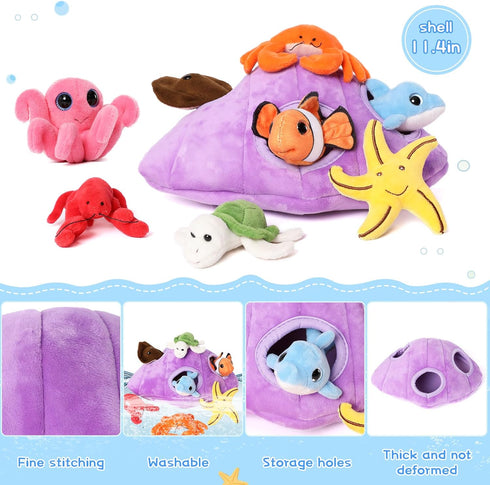 Set,9 Set, Muiteiur Ocean Sea Stuffed Animals Piece Fun Seashell House Plush Soft Educational Toy for Imaginative Play