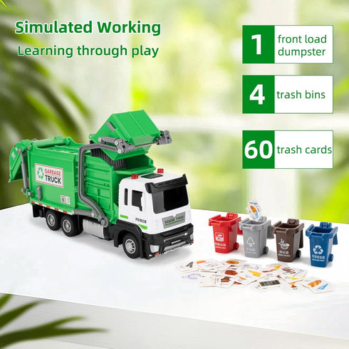 LOVEPOSELY 3-6 Kids Garbage Recycling Truck Toy, Green Pull-Back Truck Model with Sound & Light, Waste Sorting Learning
