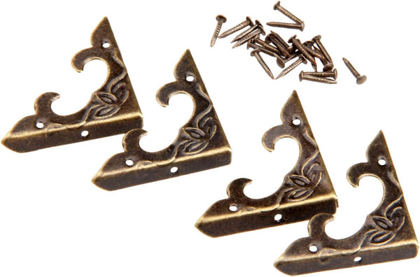 dophee 4Pcs Antique Brass Box Corner Protectors, Vintage Decorative Brackets for Jewelry Box, Wooden Case, Photo Frame,