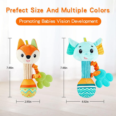 Baby Rattles 0-6 Months, Soft Sensory Shaker Teething Toys for Babies 6-12 Months, 2PCS Plush Animal Toys