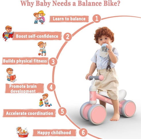 Baby Balance Bike Toys for Kids 10-24 Months - No Pedal Infant 4 Wheels Bicycle (Classic, Pink)