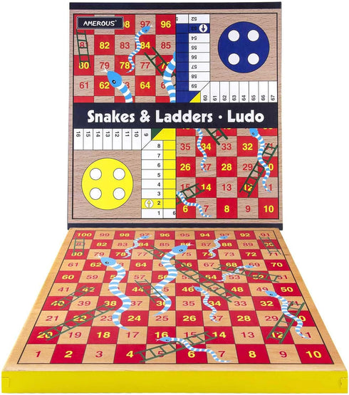 12 inches 2 1 1-4 Set Packed) AMEROUS Wooden Ludo Board Game - Snakes and Ladders, in Reversible, Players Family Dice