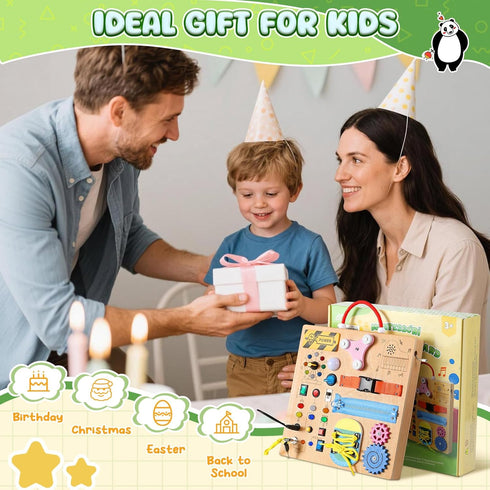 3+ MoKo Montessori Busy Board Toys for Years Old Wooden Sensory Toys Board with LED Light Up Switch, Locks, Zippers
