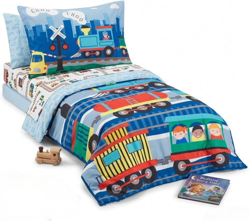 4 Set EVERYDAY KIDS Piece Toddler Bedding -Choo Choo Train- Includes Comforter, Flat Sheet, Fitted Sheet and Reversible
