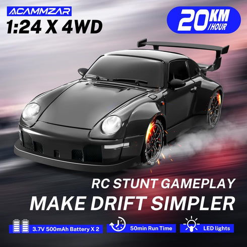 ACAMMZAR 1:24 20KM/H 4WD RC Drift Car, Remote Control Car for Kids, High Speed RC Cars with Lights, Extra Racing Tires