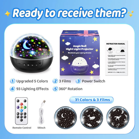 COOLNIGHT Kids,93 Lighting+3 Projector,Remote+Dimmable Projector,360 4 Night Light for Films Kids Night Light Star