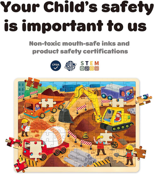 MoinKidz 100 Piece Wooden Jigsaw Puzzles for Kids Ages 4-8 - Unique Construction Site Puzzle with Tray