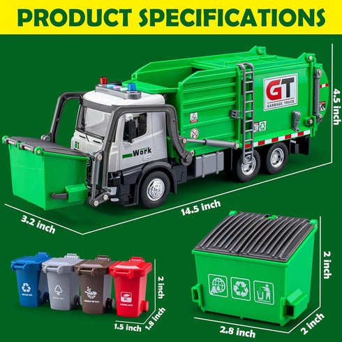 TAKGUD 12" Set 4 Garbage Truck Toys for Boys, Big Trash Truck with Lights and Sounds, Friction Powered Waste Management