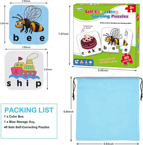80 Words Self-Correcting Spelling Puzzles, Double-Sided Three and Four Letter Words for Preschool Learning