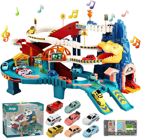 Toy Car Ramp Track Dinosaur Climbing Hills Play Set with 12 Mini Racer Cars and Track for Preschool Kids Ages 3+