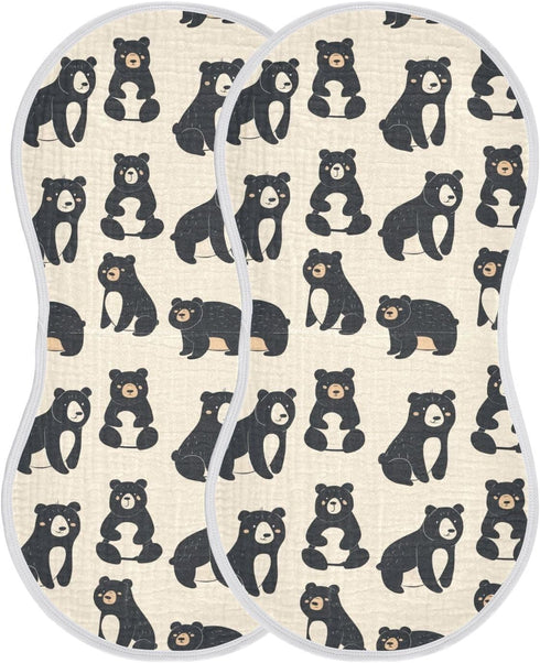 Set 4, 22x11in KLL Cute Black Bears Cotton Large Burp Cloths for Baby Breathable wash Cloth for Newborns boy and Girl