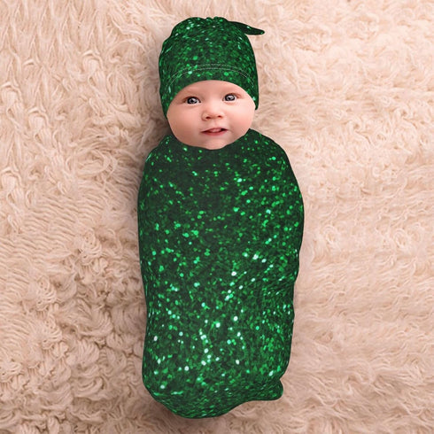 DDTKLSNV Newborn Swaddle Blanket with Beanie Hat Set,Green Sequin Sparkle Newborn Receiving Blankets