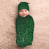 DDTKLSNV Newborn Swaddle Blanket with Beanie Hat Set,Green Sequin Sparkle Newborn Receiving Blankets