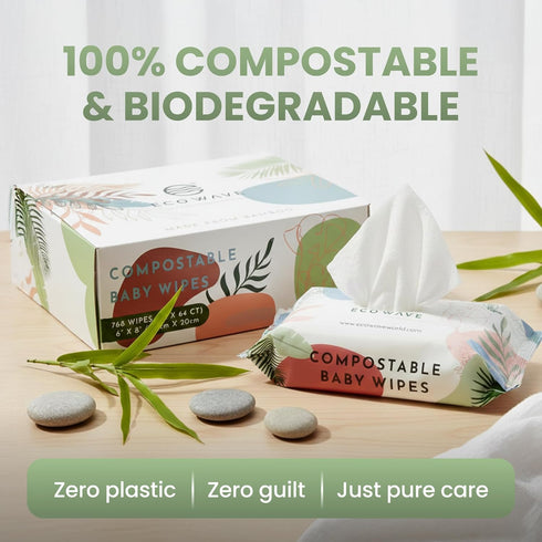 100% (Pack 4) Eco Wave Baby Wipes, Compostable Eco-Friendly Bamboo Wipes, Unscented, Hypoallergenic, Vegan