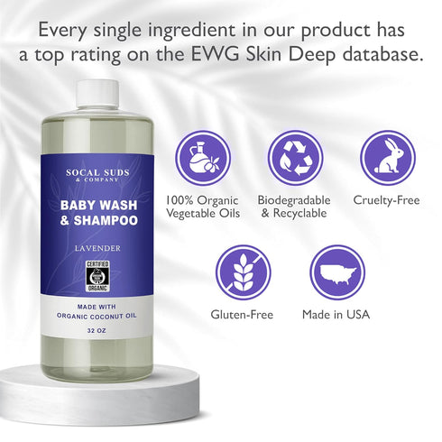 2-in-1 32oz (Pack 1) SoCal Suds & Company Organic Foaming Baby Shampoo & Body Wash - Castile Soap - Gentle Body Soap