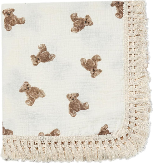 insular Cotton Muslin Baby Blanket with Tassel, Boho Bohemian Muslin Swaddle Blanket