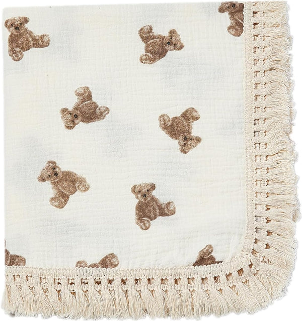 insular Cotton Muslin Baby Blanket with Tassel, Boho Bohemian Muslin Swaddle Blanket