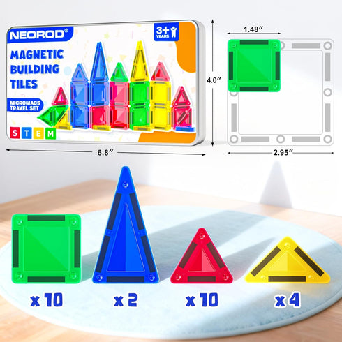 Set 3+ NEOROD Mini Magnetic Tiles Travel Portable STEM Building Blocks for Quiet Play on The Go | Compact Magnet Toys