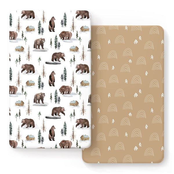 GRSSDER Stretchy Crib Sheets 2 Pack, Ultra Soft Jersey Knit Fitted Sheets, Jungle Bear/Rainbow, Universal Fit