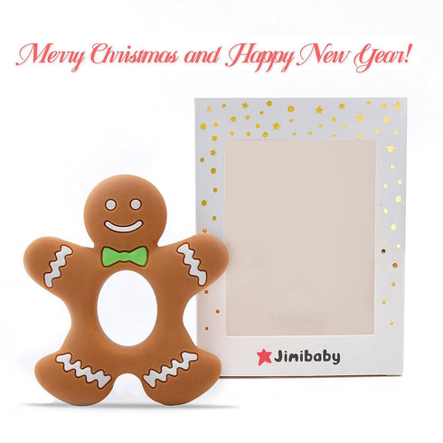 Jimibaby 100% 3.5 3.15 0.3 Inch Christmas Teether Teething Toy Gingerbread Man, The First Christmas teether for Baby